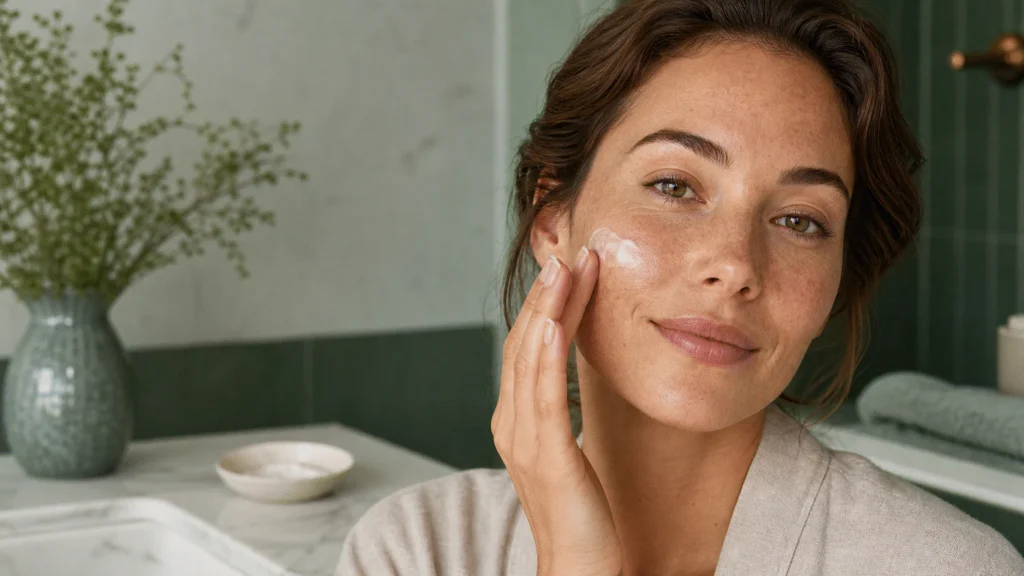Freckled woman applying plain moisturizer to naturally textured healthy skin.