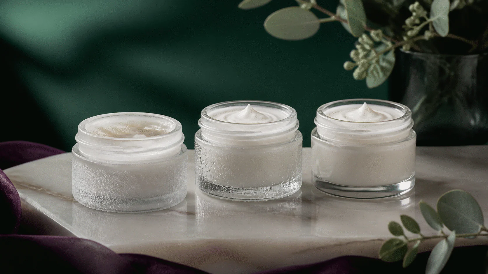 Three unlabelled cream jars showing frost, condensation, and room-temperature conditions.