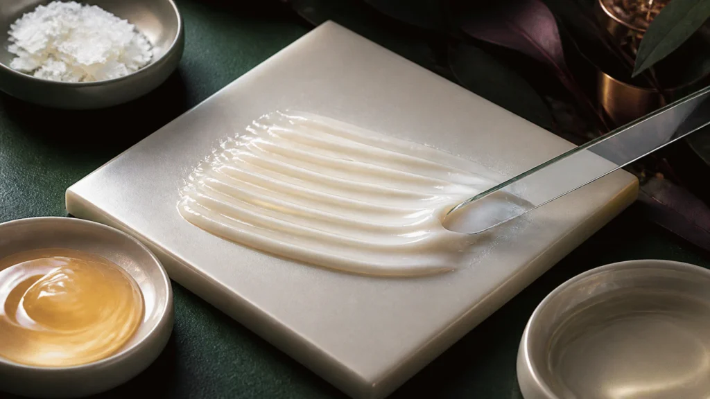 Ceramide-focused cream spread into parallel ridges beside three compatible lipid materials.