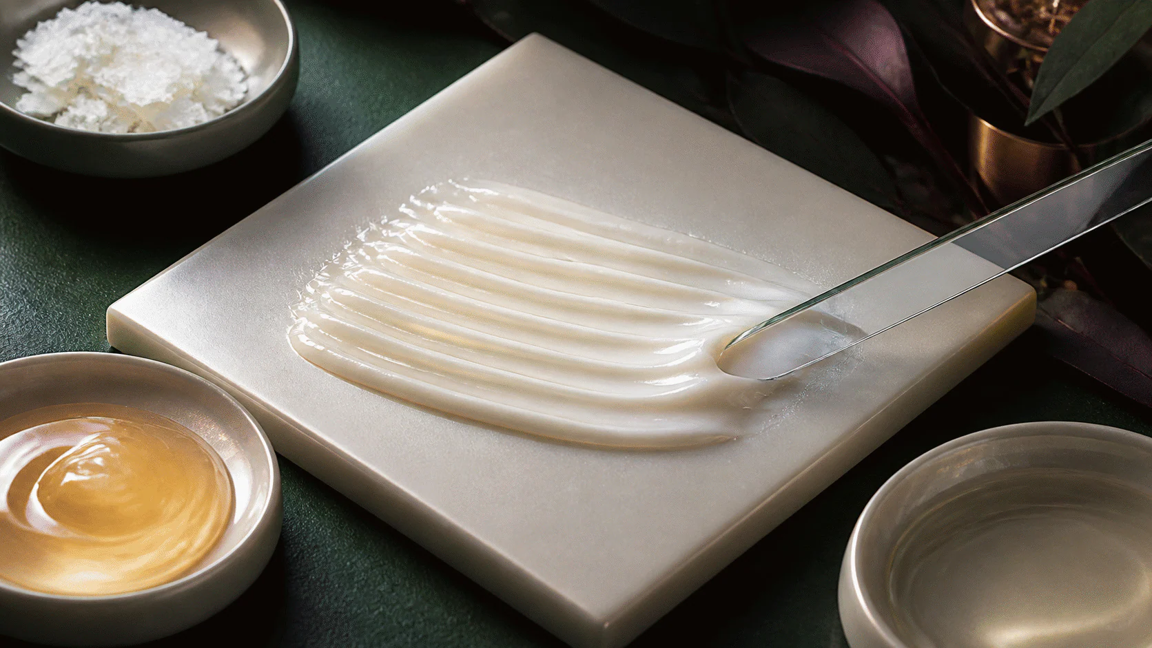 Ceramide-focused cream spread into parallel ridges beside three compatible lipid materials.