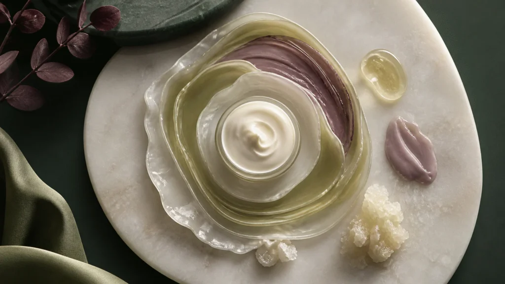 Nested translucent lipid-like layers surrounding pearl cream and three unequal material samples on a stone tray.