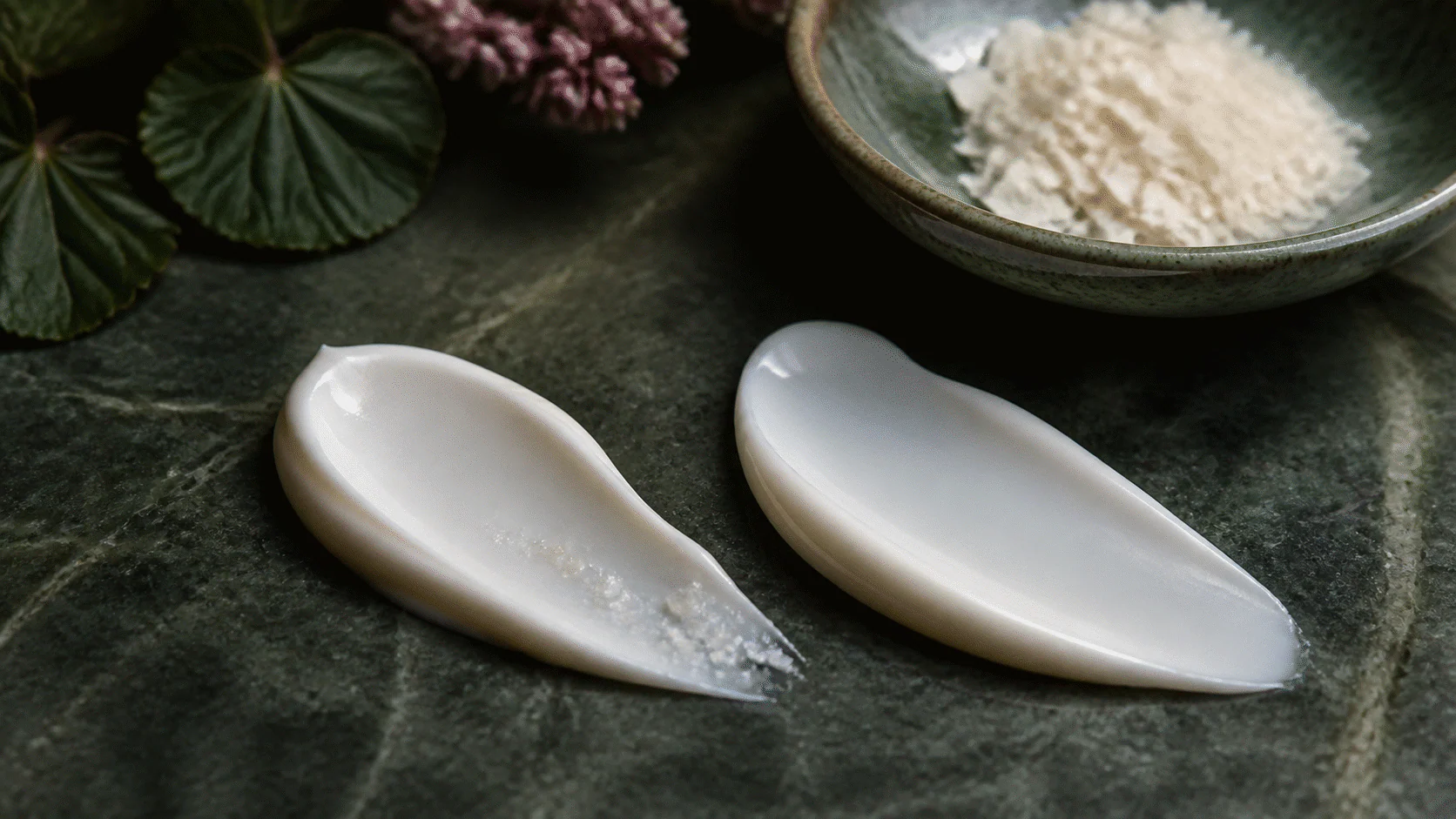 Two pearl cream swatches, one smooth and one containing visible pale grains, beside a dish of waxy powder.