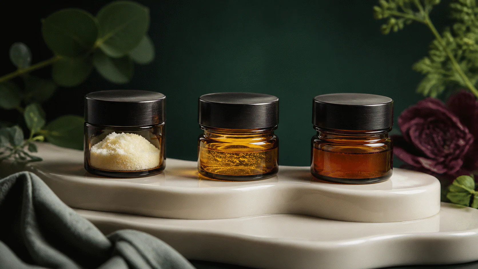 Three lidded amber jars containing pale powder, golden concentrate, and deeper amber dispersion.