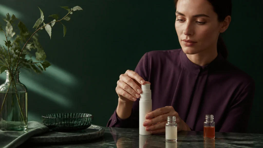 Woman closing a plain opaque pump beside pale fresh serum and darker amber comparison samples.