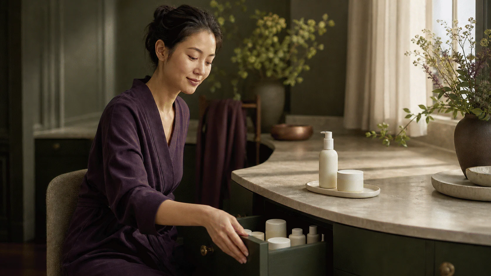 Woman closing a drawer of extra skincare containers while two plain everyday products remain on a pearl tray.