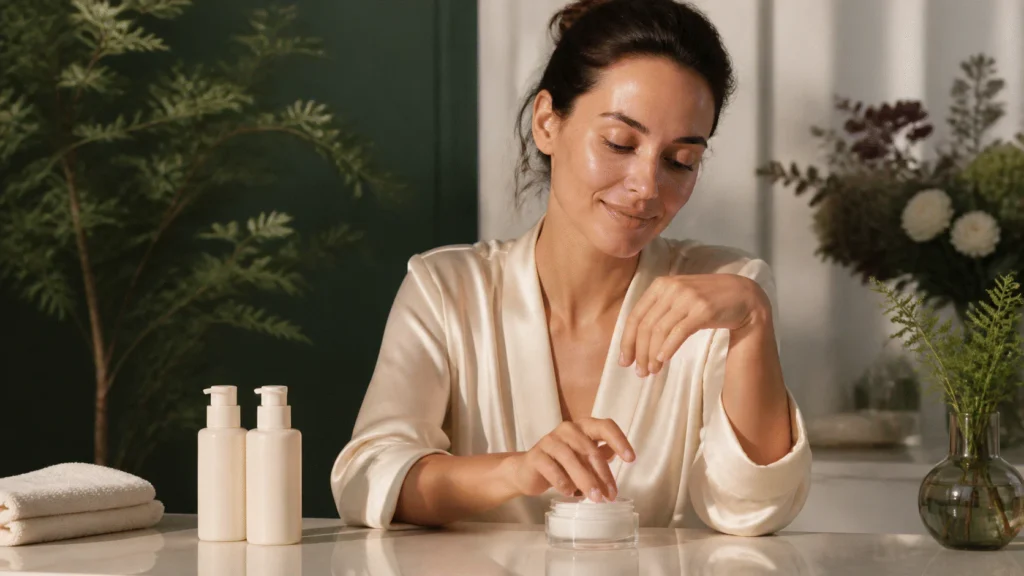 Woman using moisturizer at a calm vanity beside two plain pump bottles and folded towels.