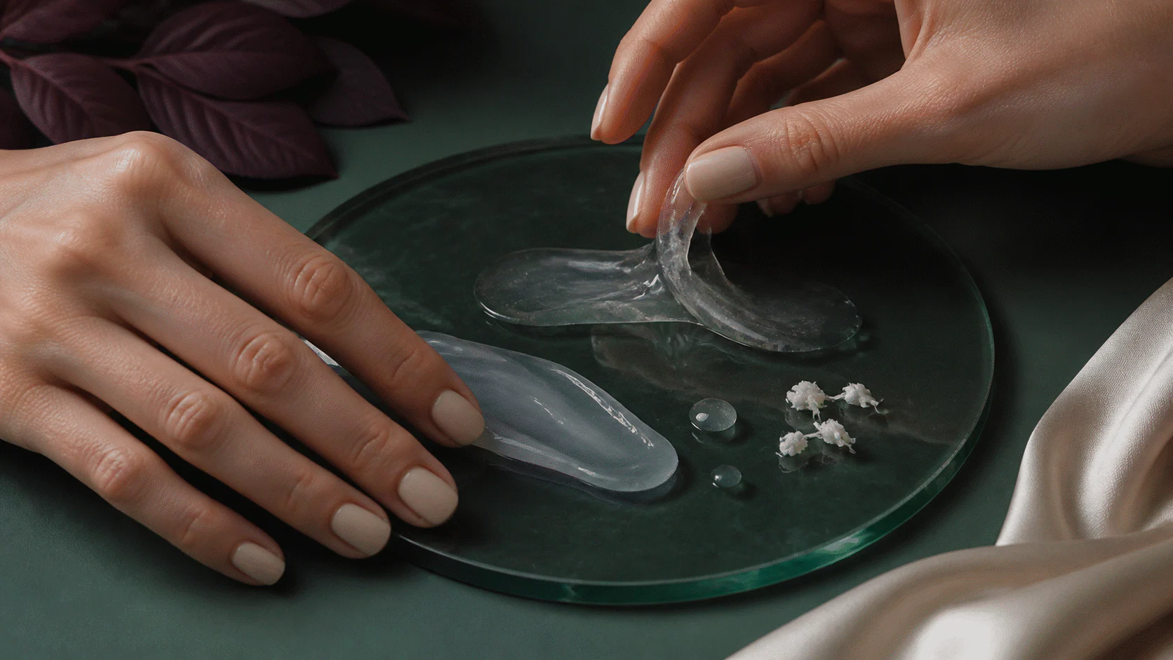 Hands layering translucent gels on a dark green glass plate beside small white rolls of pilled product film.