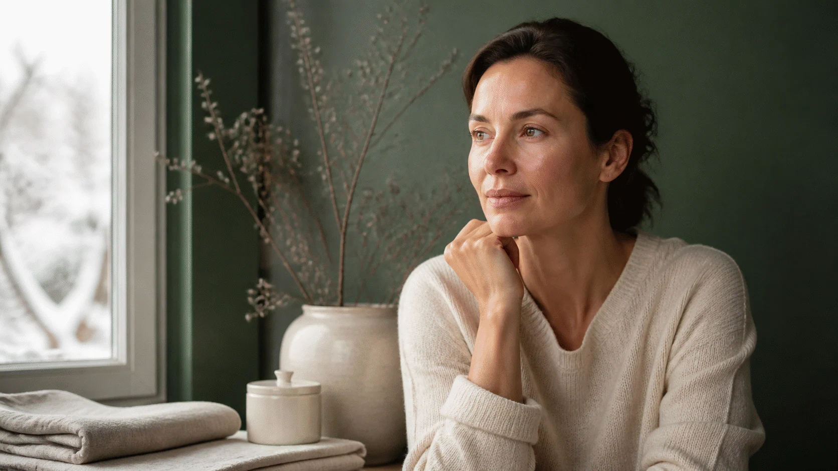 Woman with natural skin texture in winter window light beside folded linen and a plain moisturizer.