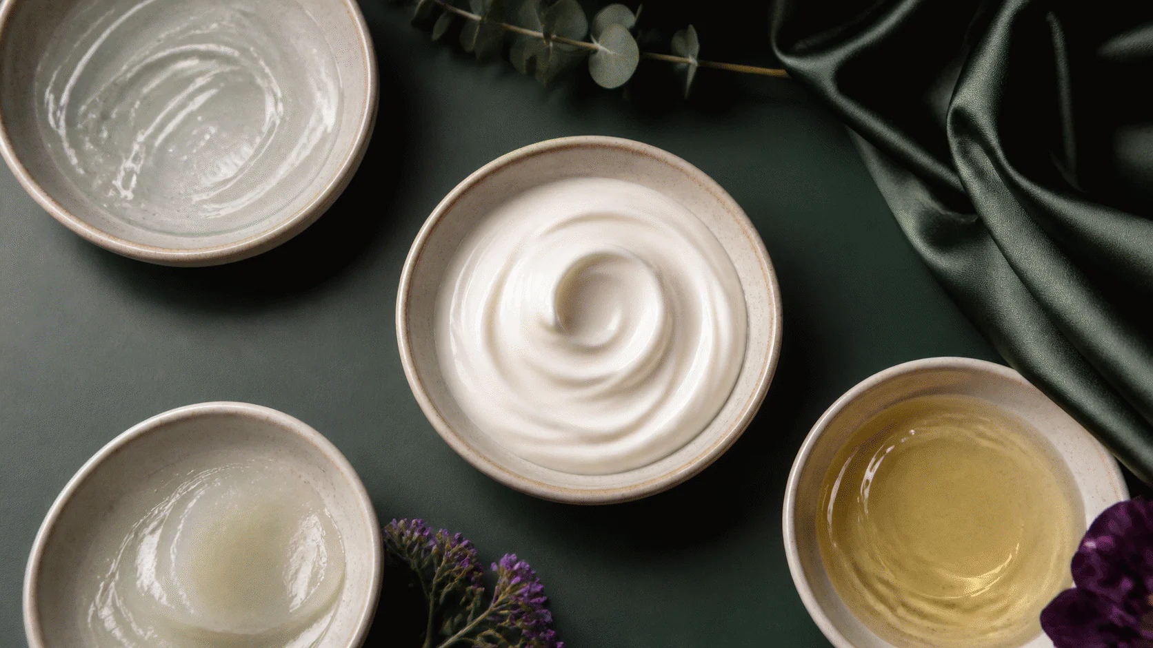 Pearl cream surrounded by bowls of clear gel, translucent balm, and pale golden emollient oil.
