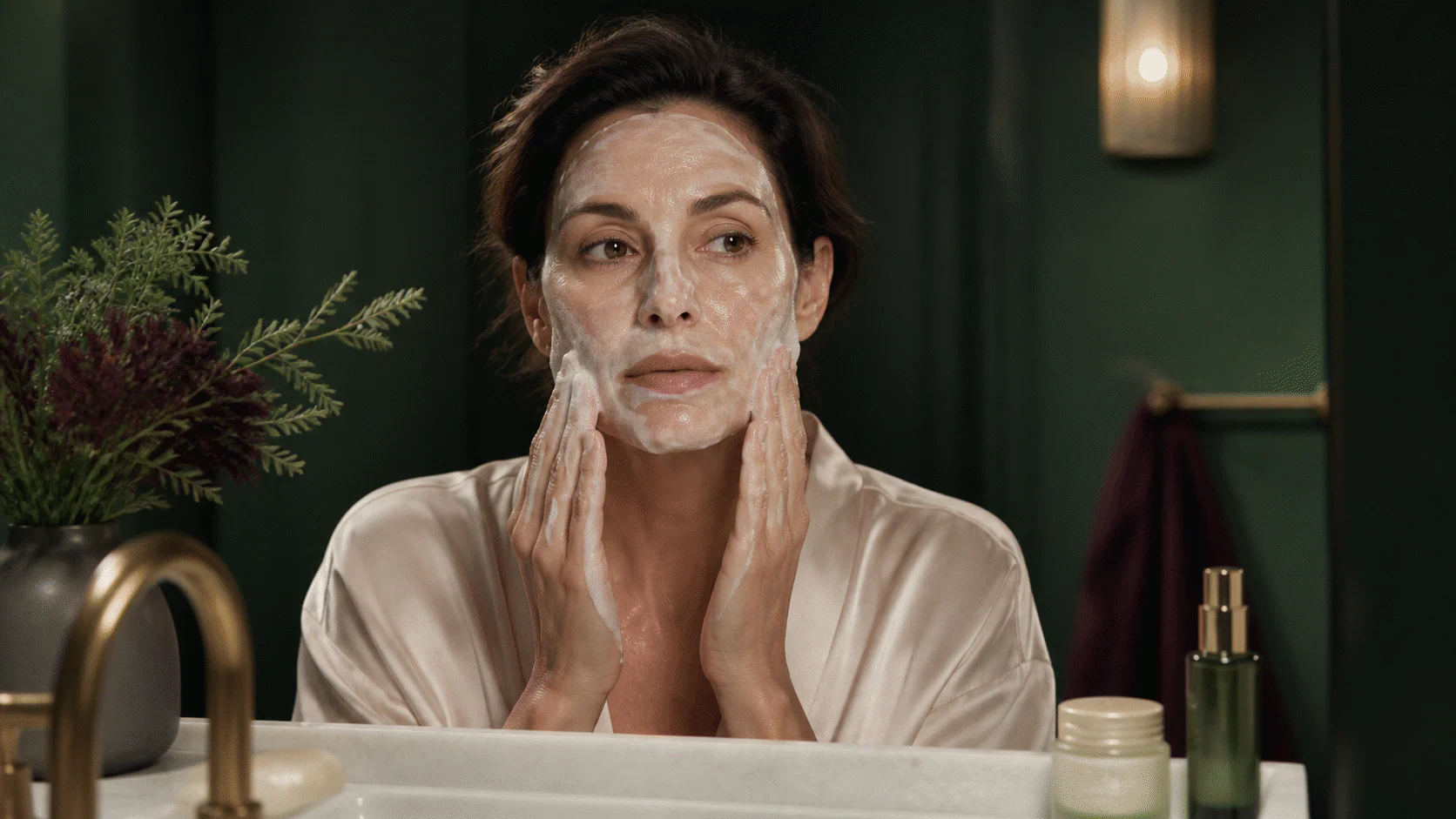 Woman cleansing with abundant foam at a green vanity beside a plain serum bottle and moisturizer jar.
