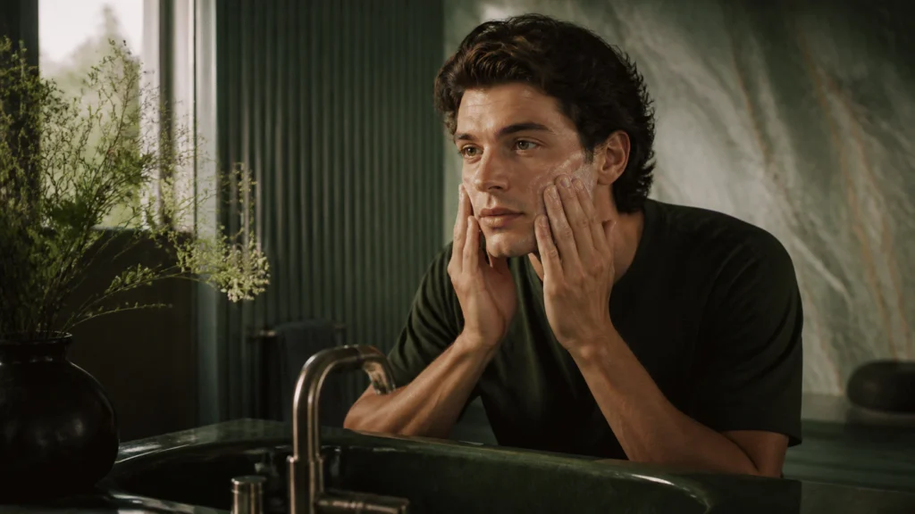 Young man gently cleansing with a low-foam wash at a forest-green bathroom sink.