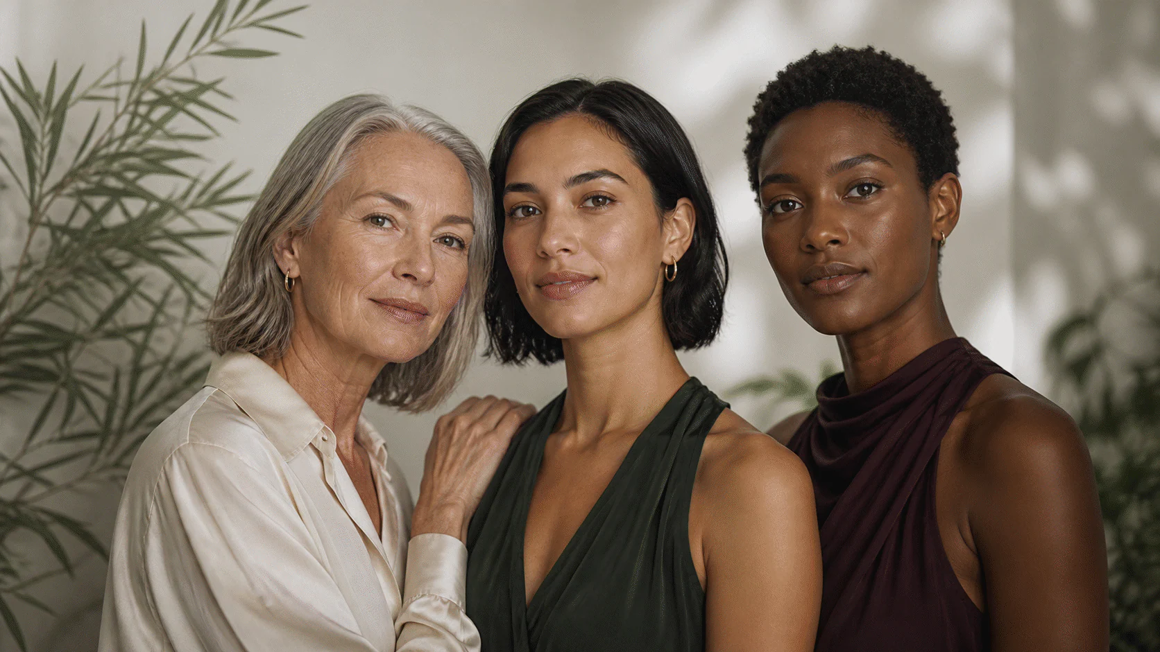 Three women of different ages and skin tones with natural skin in soft botanical light.