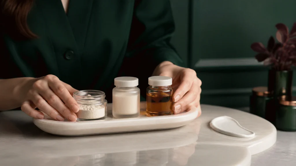 Formulator arranging jars of off-white powder, milky preparation, and amber fraction beside a pearl cream swatch.