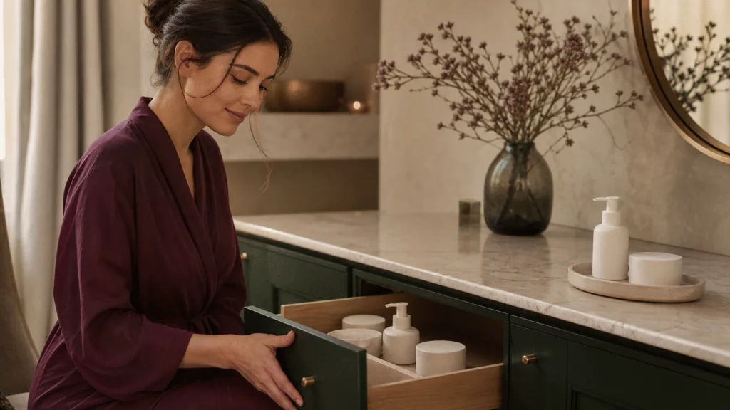 Woman closing a drawer of unlabelled skincare products while two simple products remain on a pearl vanity.