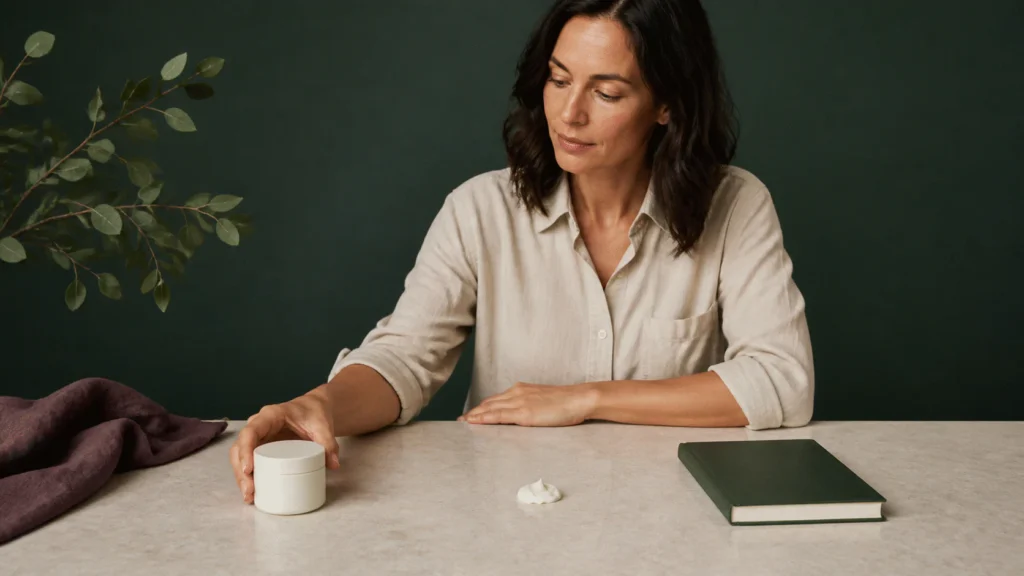 Woman considering an unlabelled cream jar and swatch positioned beside a closed blank research notebook.
