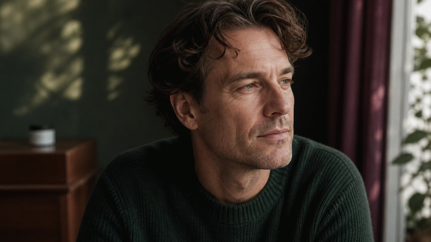 Man in his early forties with natural skin texture in soft window light against a deep green interior.