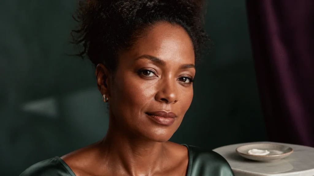 Black woman with natural skin texture in controlled light beside a small dish of pearl cream.