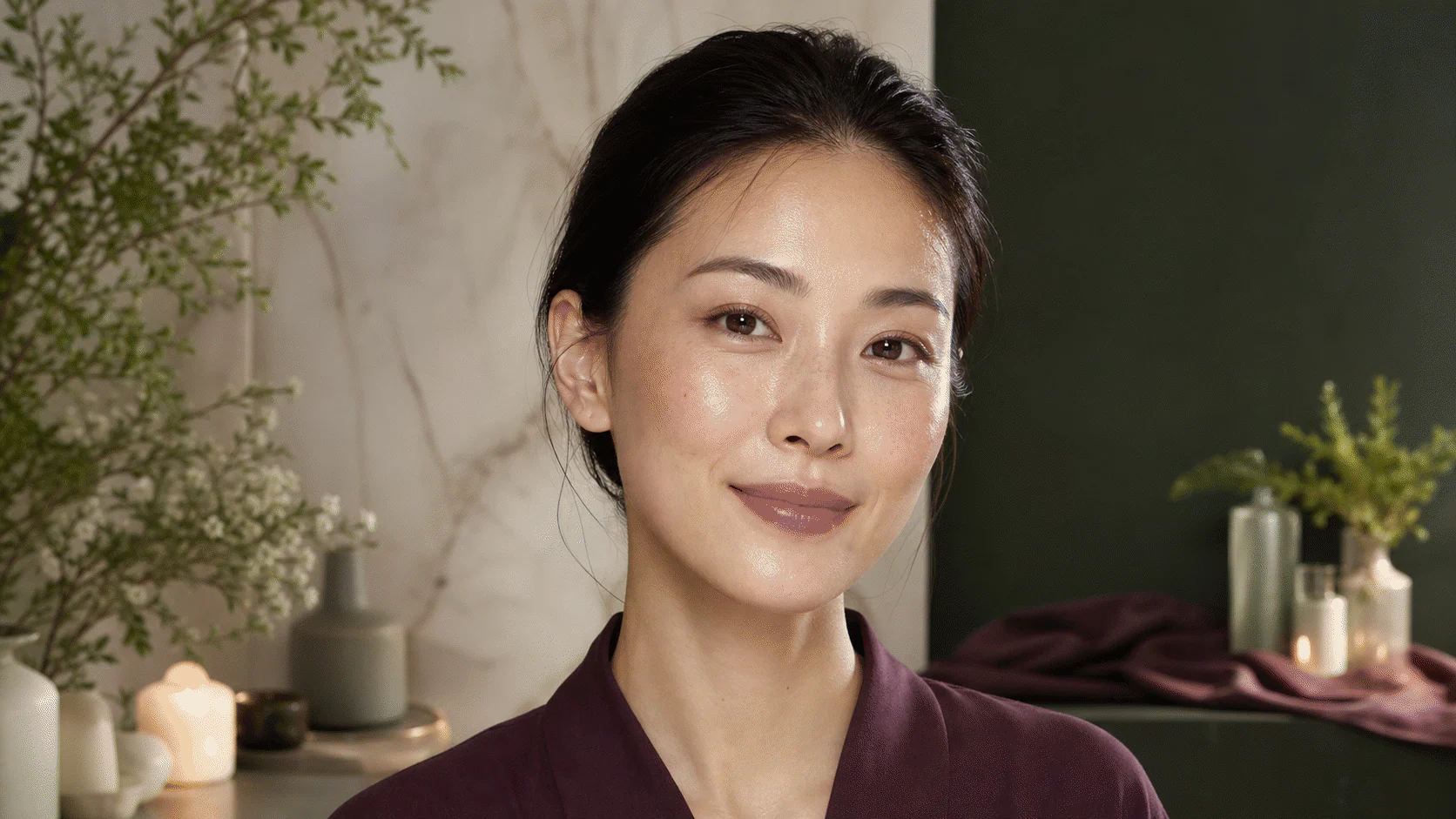 East Asian woman with natural hydrated-looking skin in a calm green and pearl skincare setting.