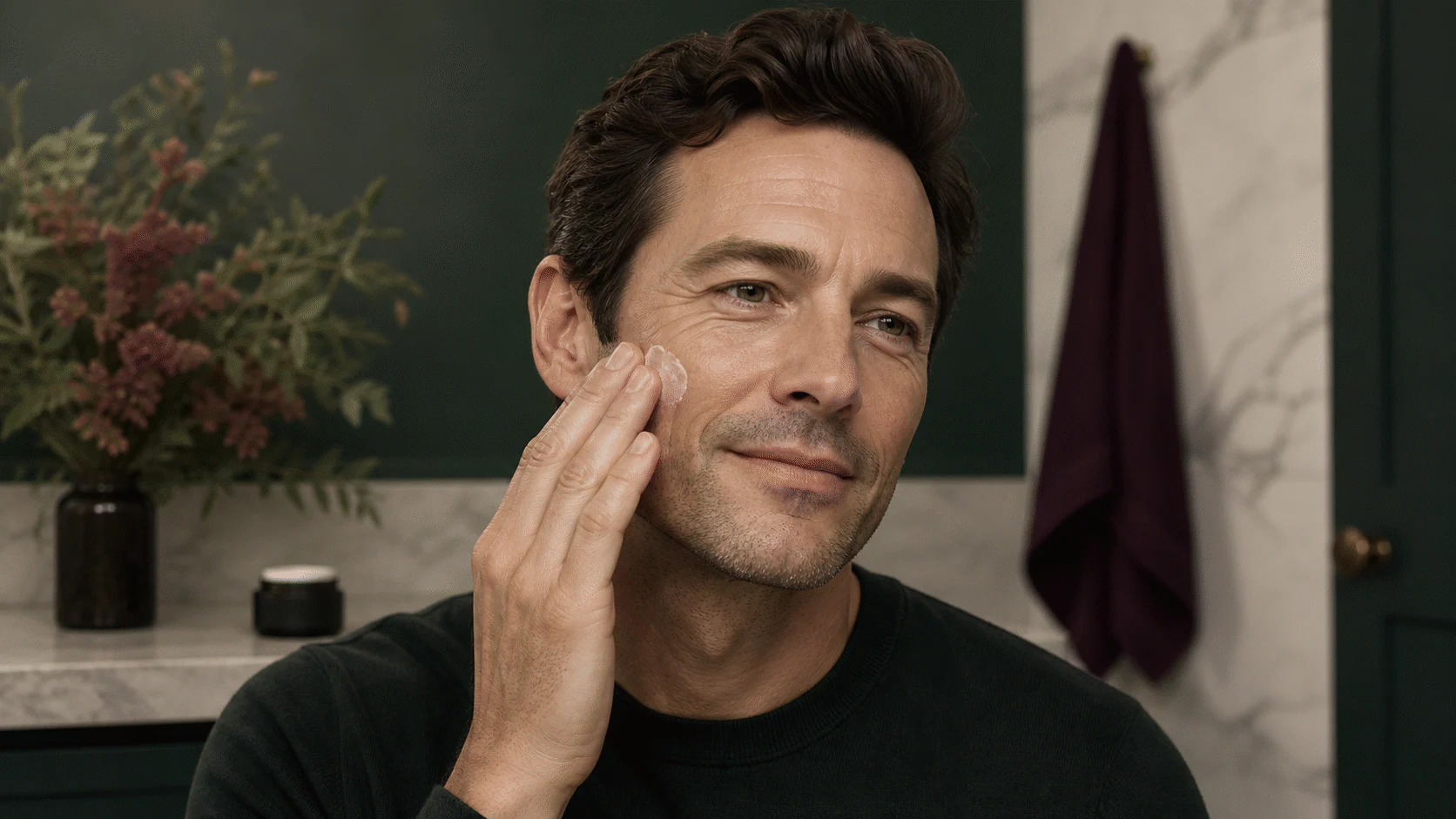 Man in his forties applying pearl moisturizer to his lower cheek with natural facial lines still visible.