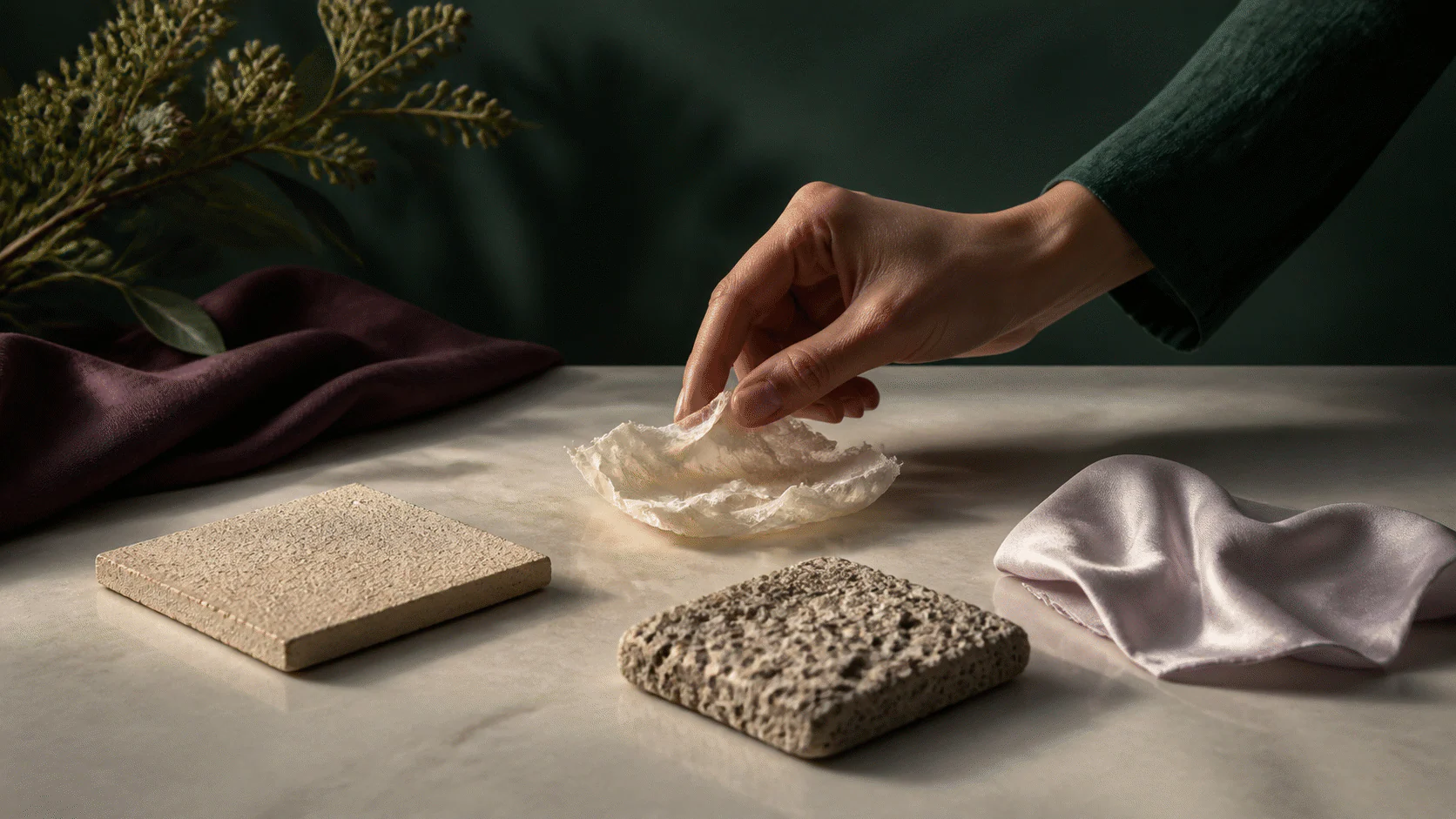 Hand sorting rough ceramic, a delicate translucent sheet, porous stone, and softly creased silk on a pearl table.