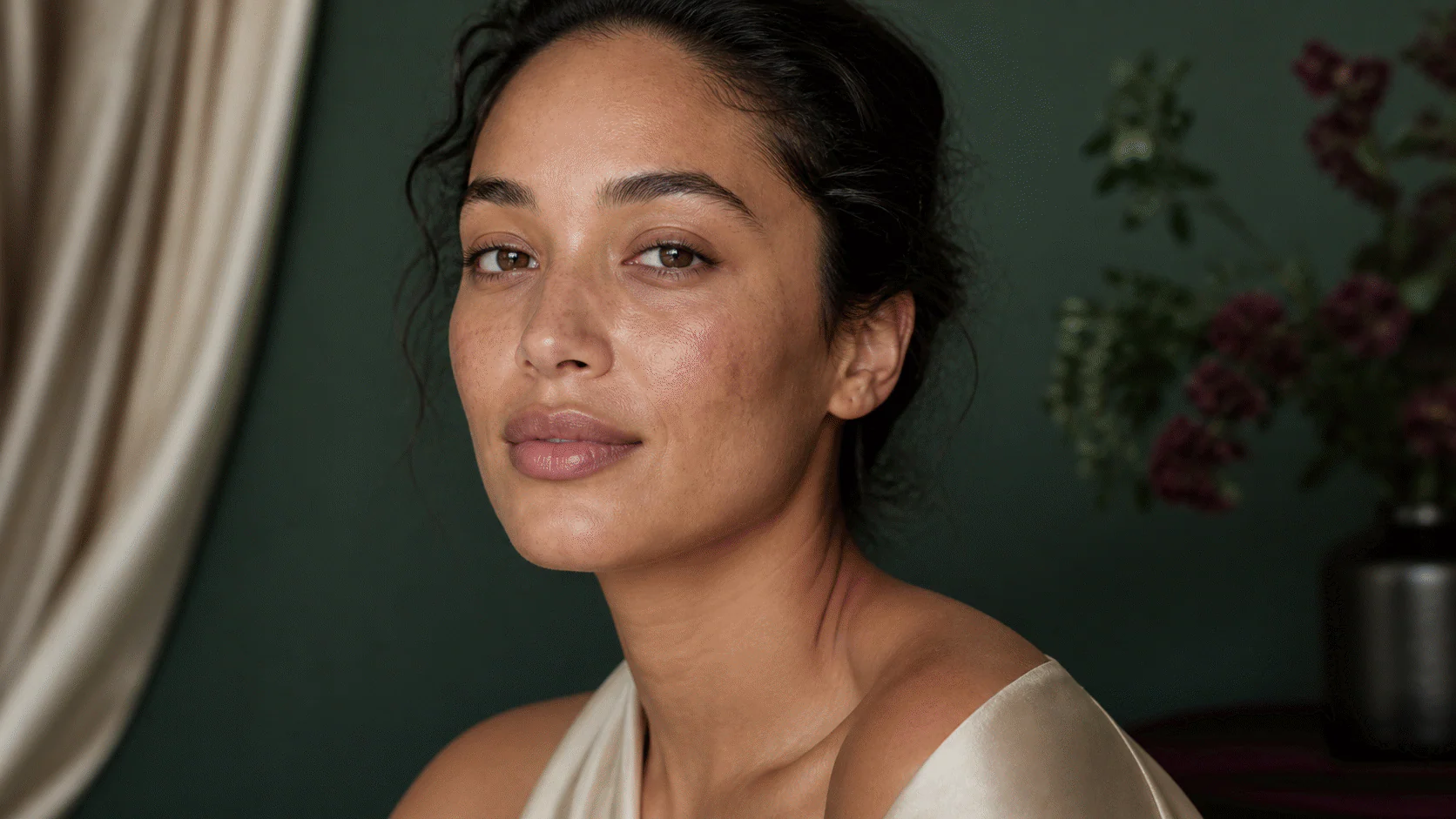 Woman with freckles, subtle post-blemish marks, and natural tonal variation in even daylight.