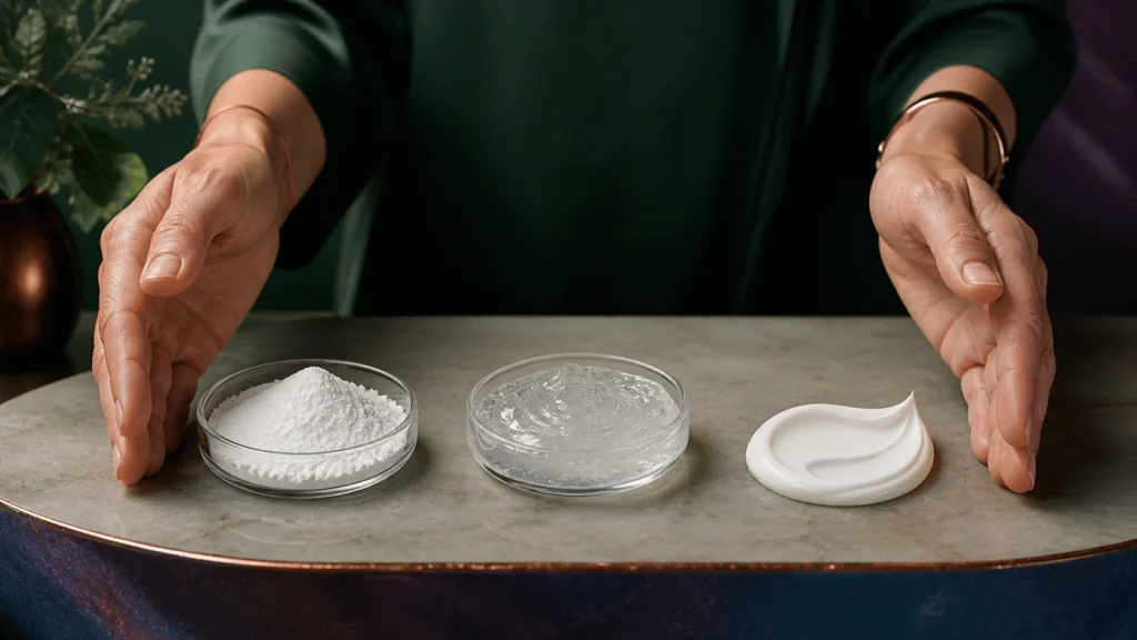 Formulator’s hands framing separate dishes of white powder and clear gel beside a finished cream swatch.