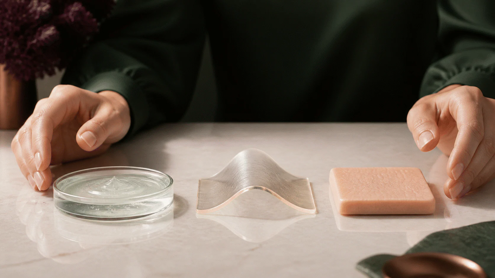 Two hands framing a clear gel dish, curved elastic membrane, and fine-textured skin replica on a pearl table.