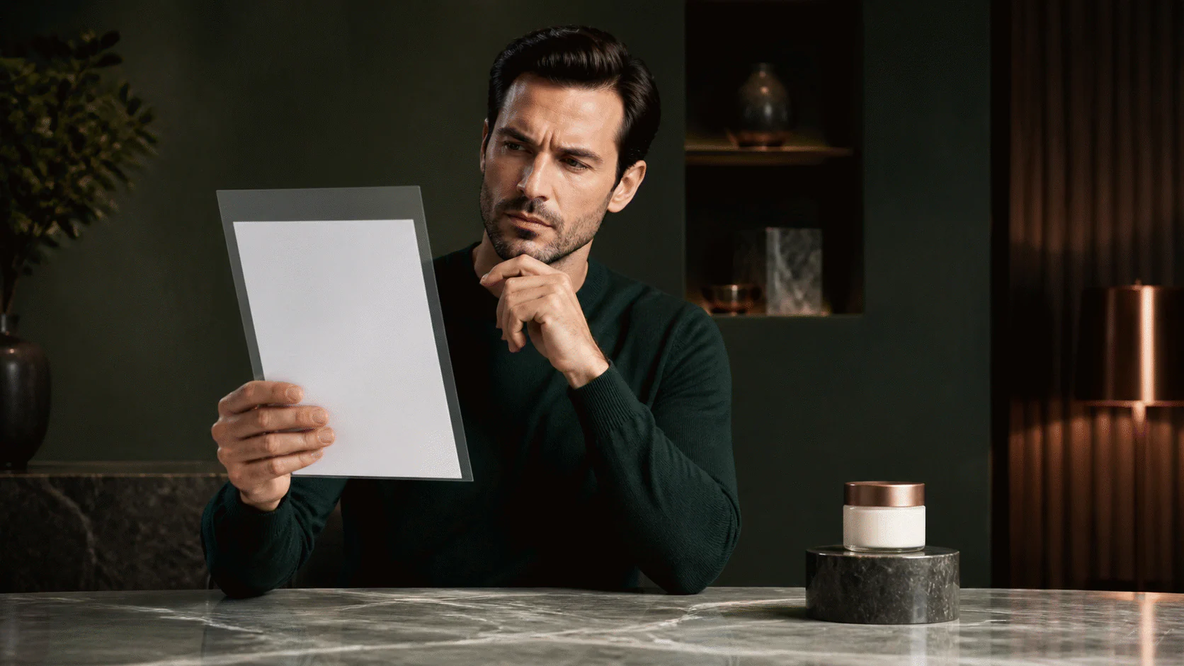 Thoughtful man holding a translucent folder with one blank sheet beside a plain cosmetic jar on a pedestal.