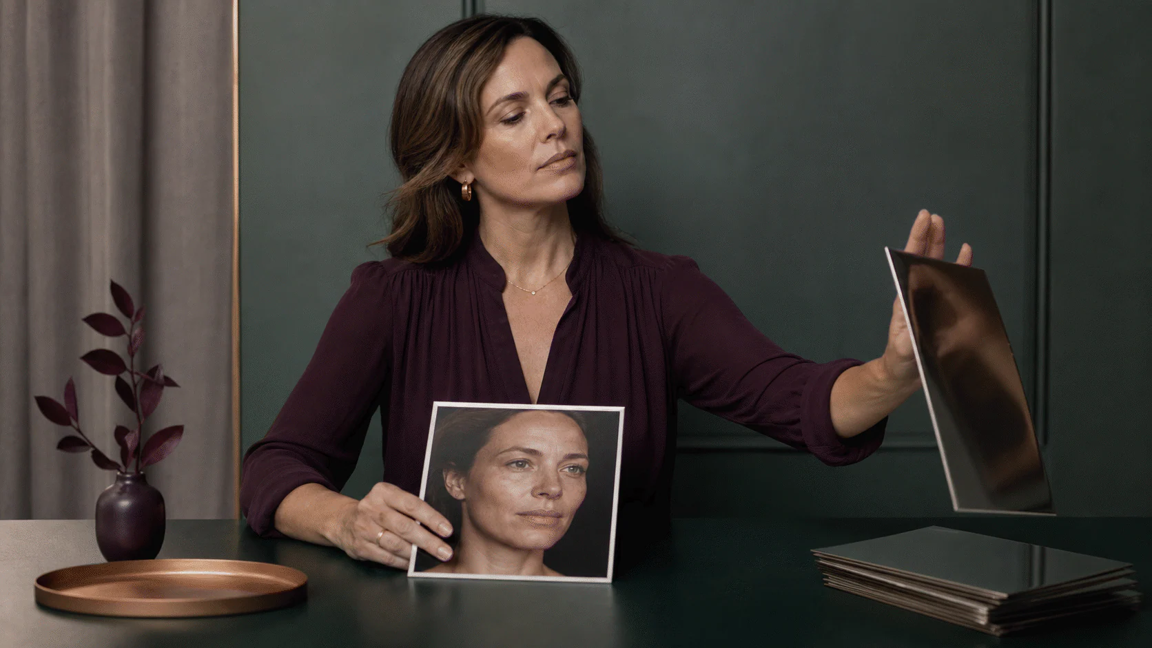 Reviewer holding one natural matte portrait print beside a blank glossy reflective card on a pearl desk.