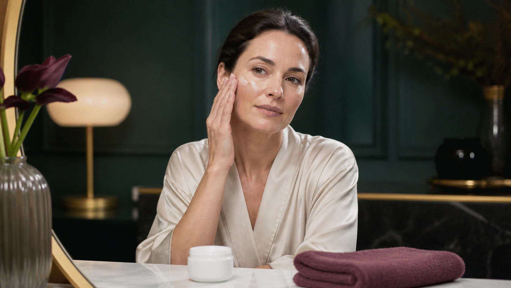 Adult calmly applying moisturizer from a plain jar in a refined forest-green bathroom.