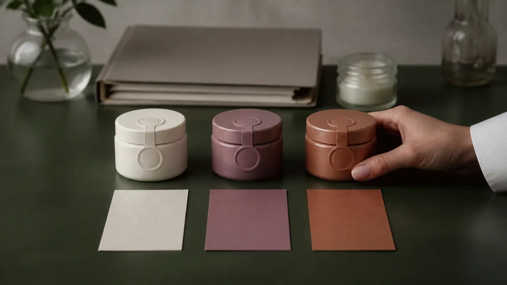 Three matched plain jars with color-coordinated blank cards, seals, and a closed records folder.