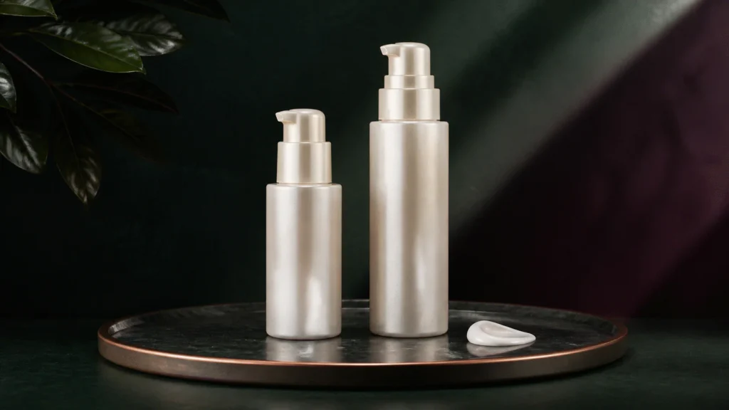 Matching small and full-size pearl pump packages displayed together on dark green stone.
