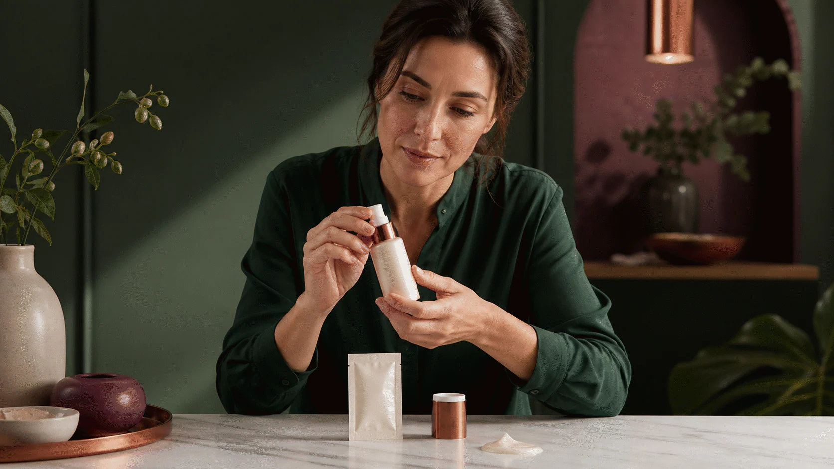 Woman checking the closure of a small plain pump beside a retained sample jar and cream swatch.