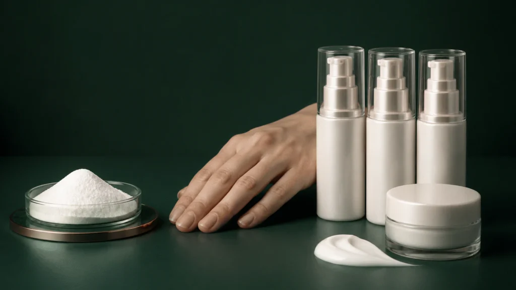 Hand separating a dish of clean white raw powder from plain finished pumps, a jar, and cream swatch.