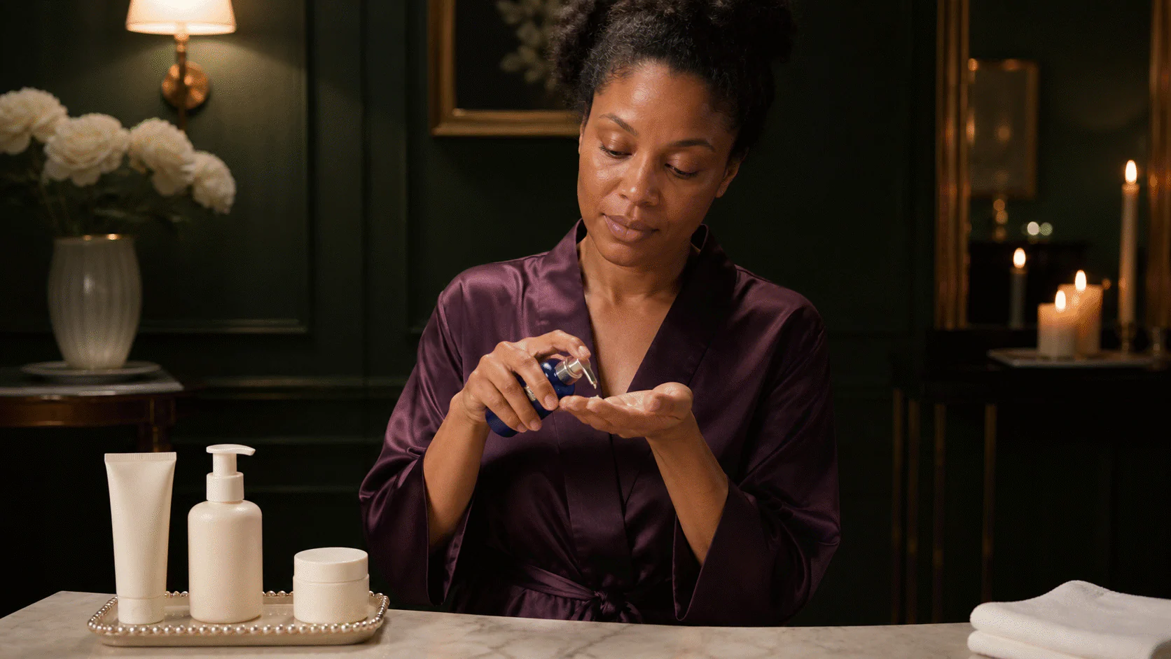 Black woman arranging one copper-blue serum pump with three plain skincare essentials during an evening routine.