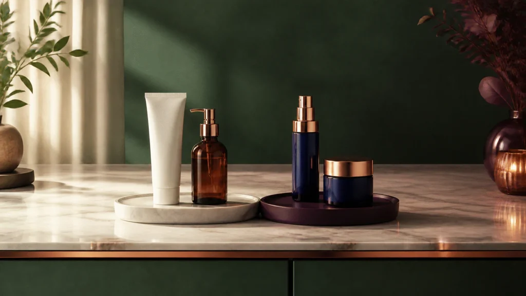 Adjacent morning and evening skincare trays centered on a continuous vanity transitioning from daylight to plum-toned evening light.