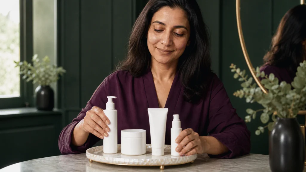 South Asian woman organizing four plain skincare essentials on a pearl tray in a forest-green room.