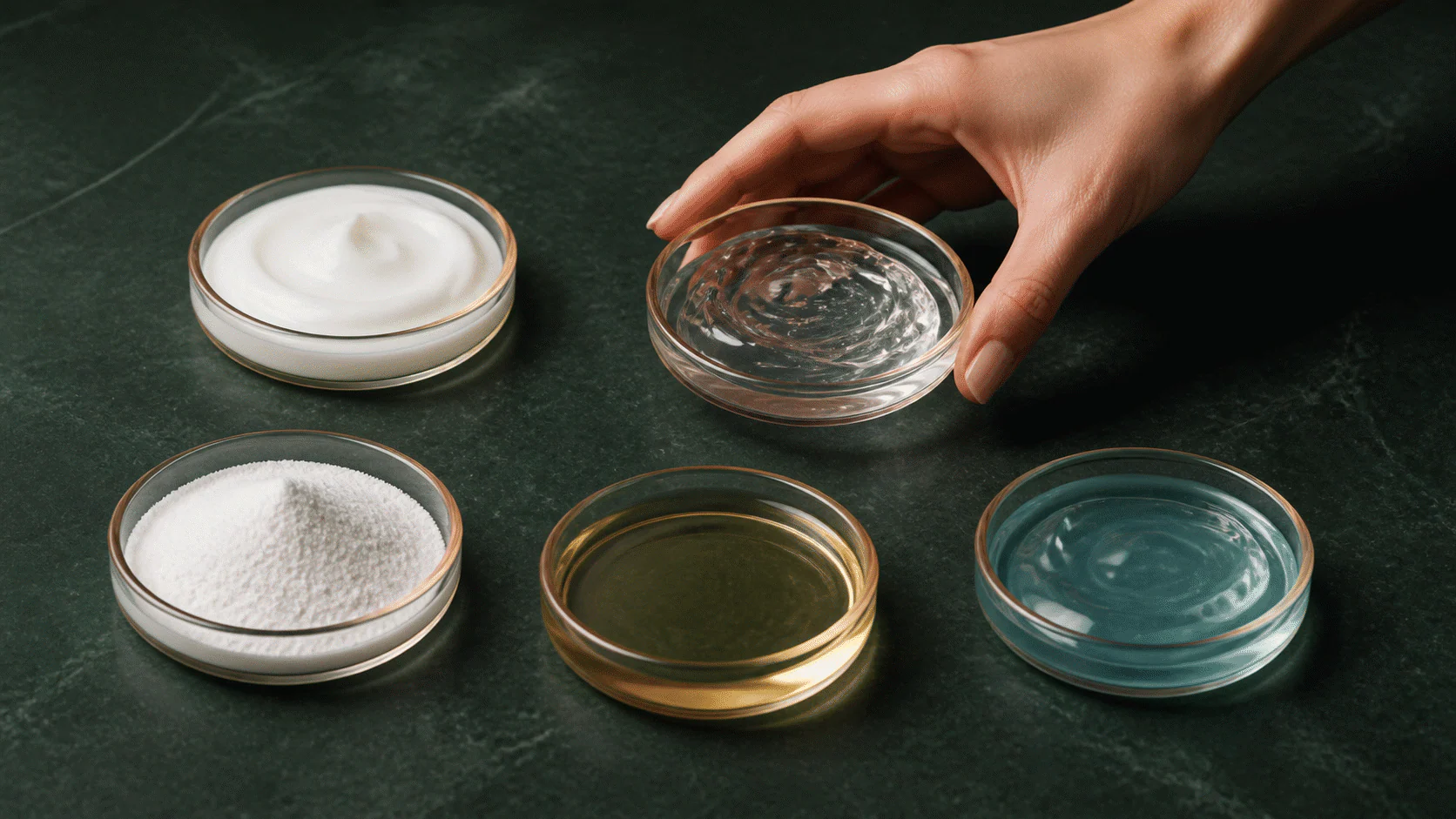 Hand selecting one of five glass dishes containing white cream, clear gel, white powder, pale-gold oil, and copper-blue gel.