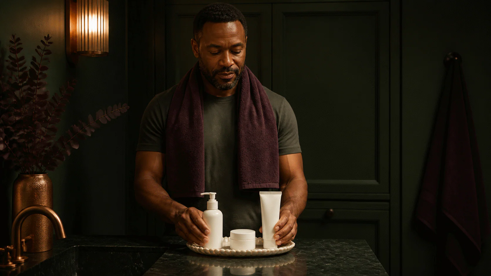 Black man arranging a cleanser pump, moisturizer jar, and sunscreen tube on a pearl tray at night.